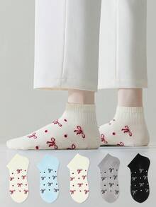 ZUJO 5 Pairs Bowknot Polka Dot Pattern Sweet Short Socks For Women, Soft And Breathable, Suitable For All-Season Daily Wear - Multicolor - View 3
