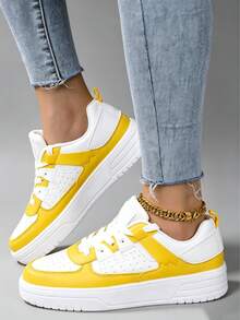 Women's Yellow & White Sneakers, Lightweight Lace-Up Casual Shoes For Everyday Errands, Dog Walking, Gardening, Picnic, Budget-Friendly Footwear - 黃色 - 查看 8