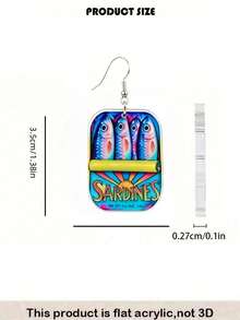 2D Flat Fun Summer Ocean Sardine Can Earrings, Acrylic Dangle Earrings - Vintage Fun Fish-Shaped Drop Earrings, Niche Ocean Style Jewelry, Creative Summer Gift - Canned Sardines - View 4