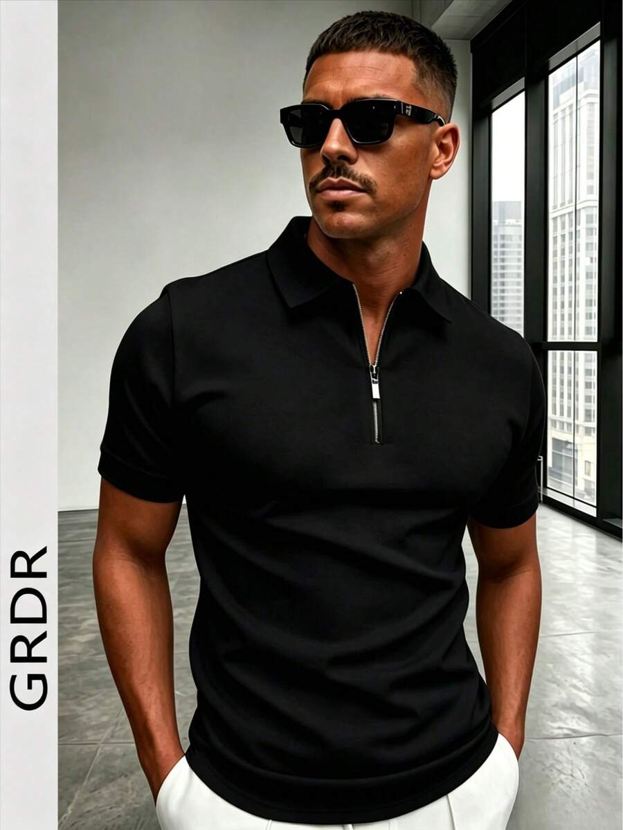 GRDR Men's Summer Polo Collar Half Zip Short Sleeve Shirt, Suitable For Outdoor, Vacation And Casual Wear