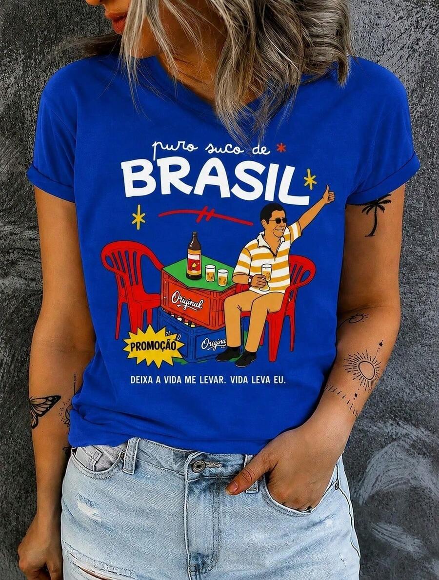 PURO SUCO DO BRASIL T-Shirt, Stylish Printed Blouse, White T-Shirt, Perfect For A Casual Day-To-Day Wear, Perfect For A BAR Or BEER. - 寶藍色 - 查看 1