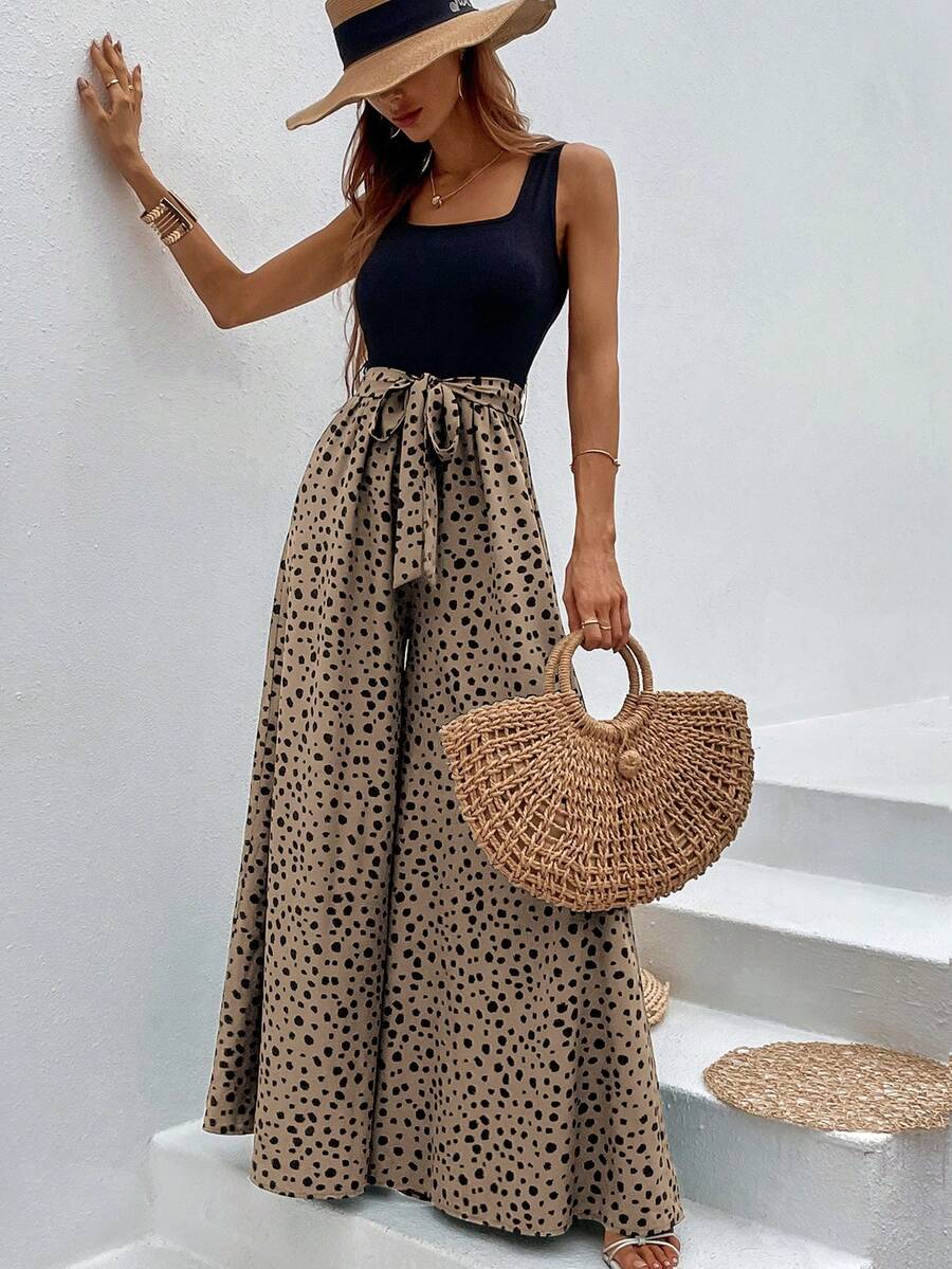 Dalmatian Print Wide Leg Belted Jumpsuit - Multicolor - View 1