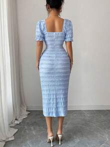 Nuevo vestido midi elegante y versátil de punto texturizado con cuello cuadrado y mangas cortas para mujeres - Azul - Ver 3