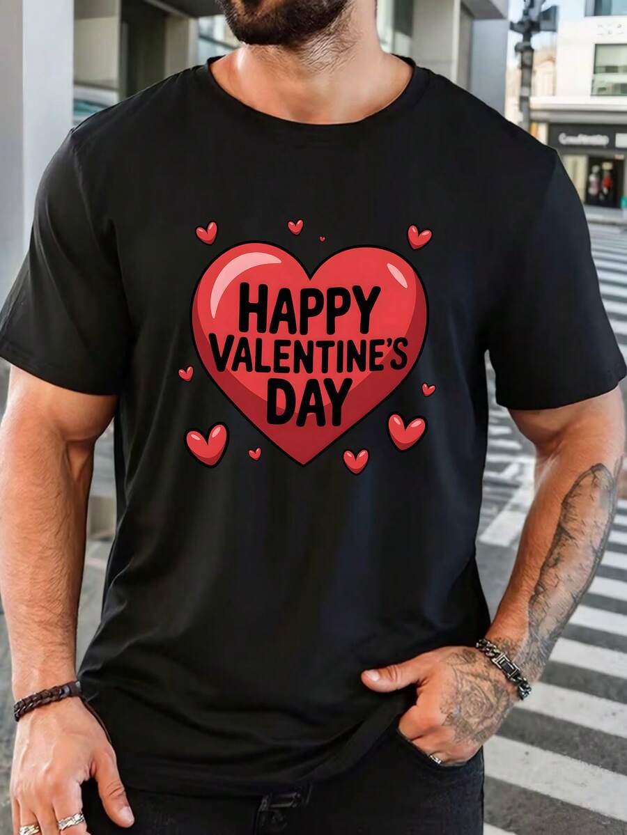 T-shirt à manches courtes col rond en pur coton pour hommes, imprimé cœur Joyeuse Saint-Valentin, top décontracté pour tous les jours - Noir - Voir 1