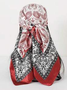 1pc Women's Red & White Paisley Print Square Scarf, 90cm Large Satin Square Scarf, Silky Touch, Can Be Used As Headband Or Headscarf, Suitable For Matching With Dresses - Red and White - View 2