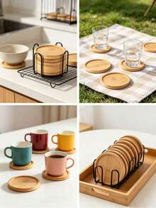 6pcs Bamboo Coasters With Tray - Multi-Functional Suitable For Large Cups, Wine Glasses, Coffee Mugs, Succulent Plant Pads, Natural Wood Beverage Coasters For Home Kitchen Bar Decor - Multicolor - View 2