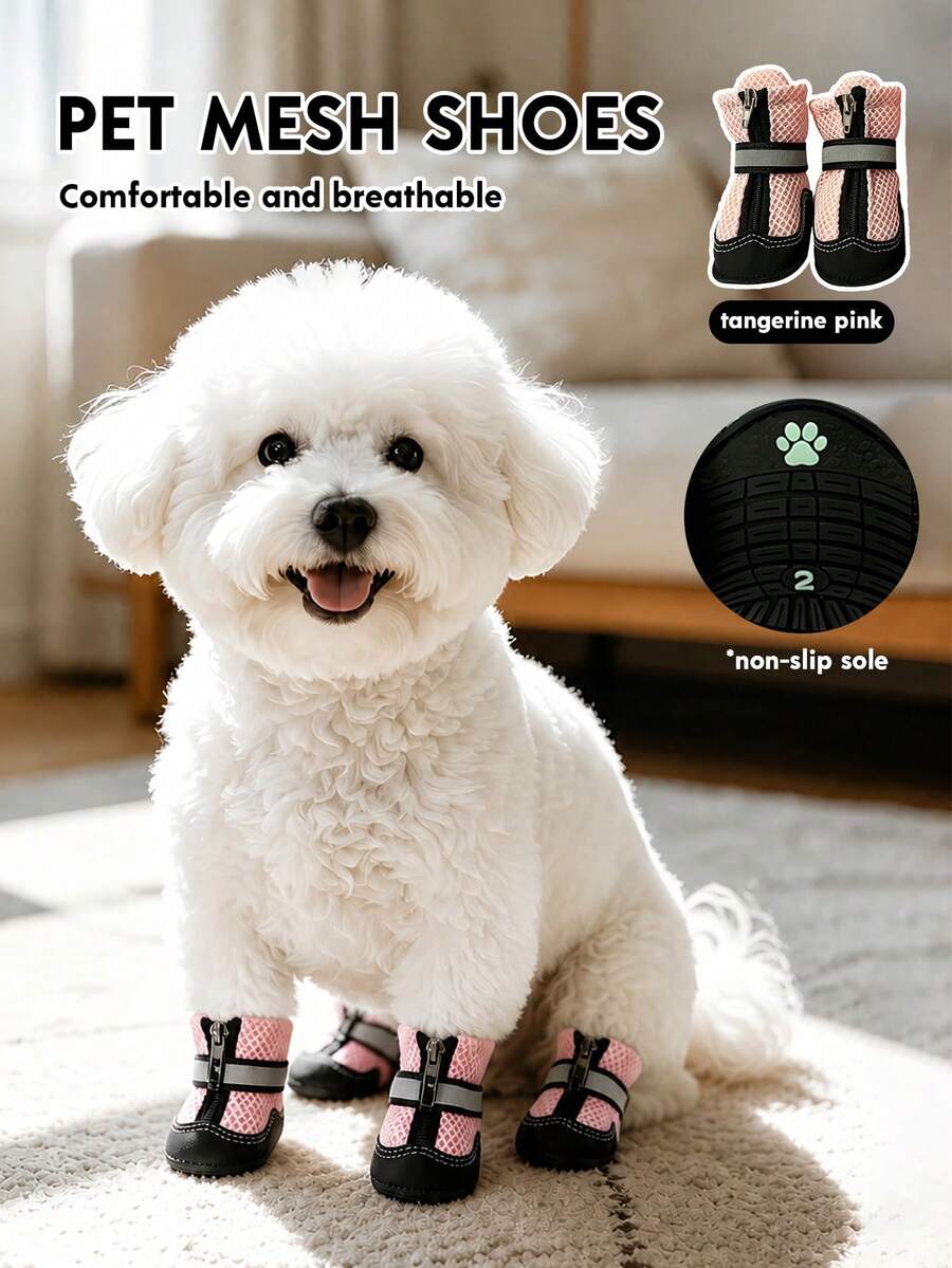 4 buah Sepatu Anjing Jaring Bernapas Anti Selip, Ukuran Dapat Disesuaikan, Dengan Tali Reflektif, Cocok Untuk Dalam Ruangan, Trotoar Panas, Hari Hujan, Salju Musim Dingin, Lantai Keras, dan Mendaki Gunung - Berwarna merah muda - View 1