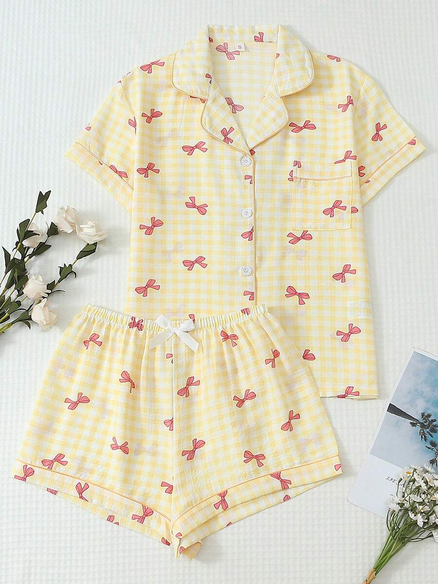 2pcs Women's Comfortable Plaid Bow Print Short Sleeve Collared Top And Bow Shorts Pajama Set, Spring/Summer - Yellow - View 1