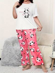 Plus Size Casual Comfortable Cartoon Print Short Sleeve Pink Bear Print Long Pants Women's Loungewear 2 Pieces Pajama Set - White - View 2