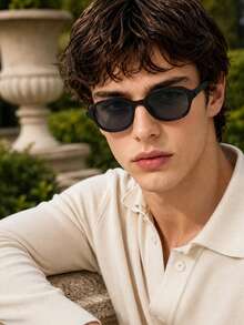 Men's Retro Small Oval Sunglasses, Thick Frame Rounded Sunglasses, Tea Grey Dark Lenses, Driving, Self-Driving, Shopping, Commuting Accessories - Multicolor - View 3