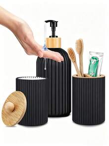 3 piezas/1 set Accesorios de baño Set de dispensador de loción/jabón con bomba manual recargable en negro mate Soporte para cepillo de dientes Caja de almacenamiento para cepillo de dientes y pasta de dientes Adecuado para baño oficina cocina fregadero viaje temporada de vuelta al colegio - Multicolor - Ver 9