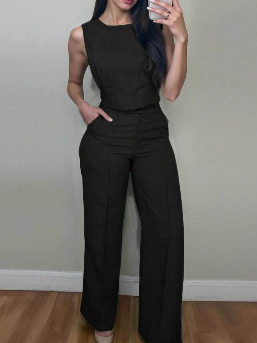 Women's Two-Piece Set Of Solid-Color T-Shirt And Pants, Casual For Spring/Summer - Black - View 1