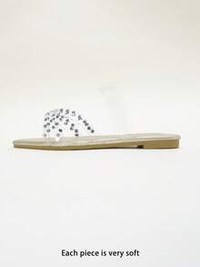 Rhinestone-Embellished Clear Strap Pointed Toe Flat Slide Sandals - Gold - View 2