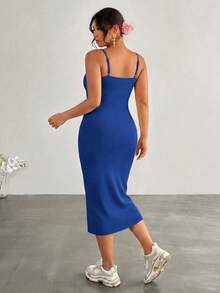 1pc Women's Plus Size Seamless Knit Backless Dress, Sexy And Comfortable Sports - Navy Blue - View 3