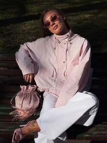 ZAHM Pink Hooded Utility Jacket, Drawstring Waist Casual Versatile Outerwear - Pink - View 1