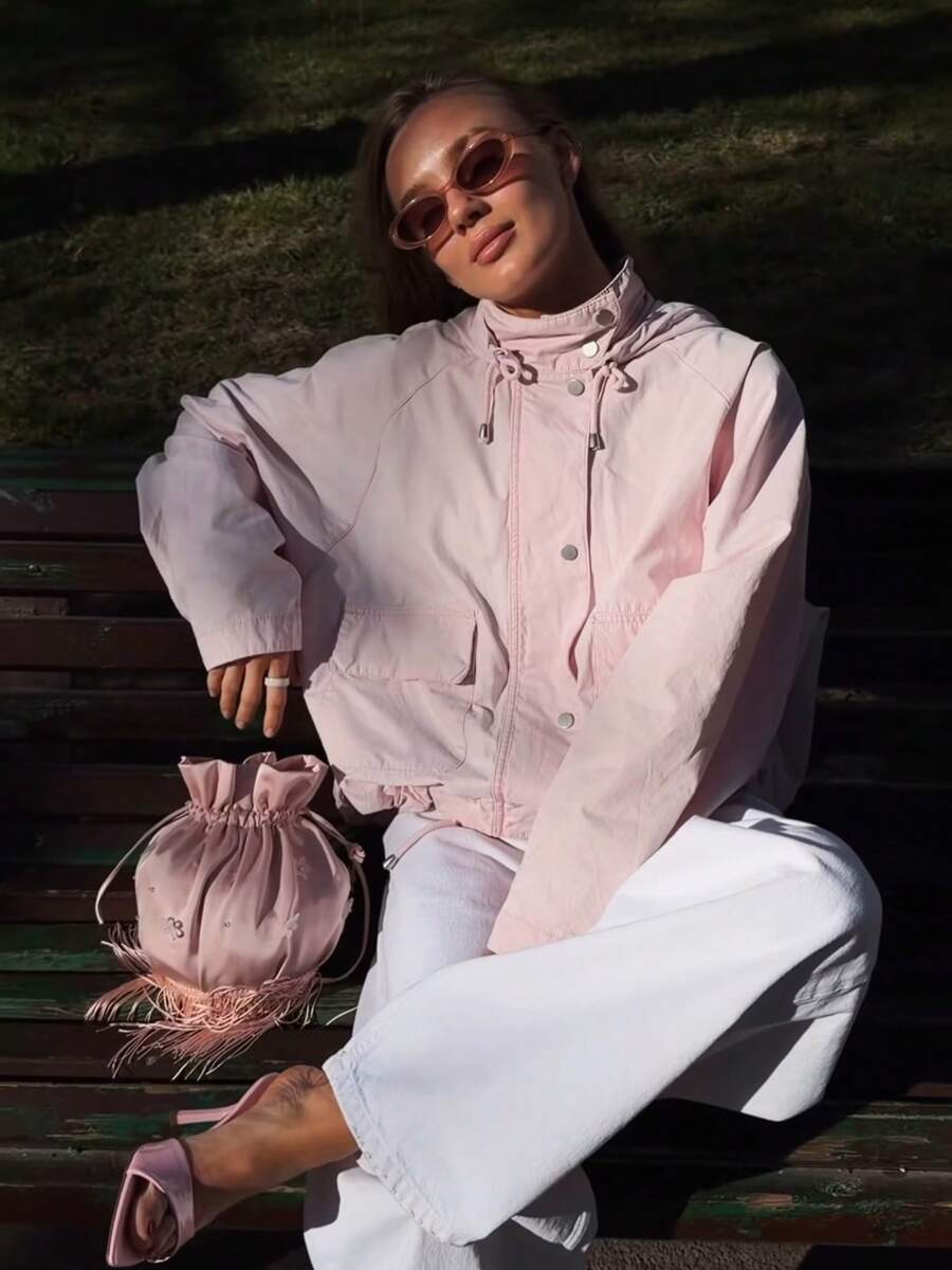ZAHM Pink Hooded Utility Jacket, Drawstring Waist Casual Versatile Outerwear - Pink - View 1