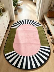 1pc Pink & Green Striped Oval Area Rug, Living Room Carpet, Washable Rug, Home Decor - Multicolor E - View 4