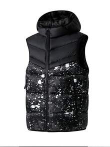 Men's Autumn/Winter Patchwork Contrast Color Cotton Padded Vest With Detachable Hood, Casual Versatile Jacket Coat, Suitable For Daily Outings, Dates And Commuting - Black - View 2