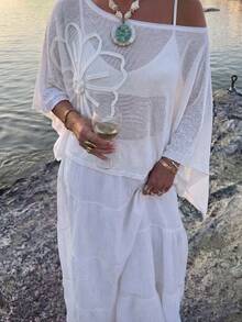 優雅女款春夏時尚休閒日常度假海灘粉色針織鏤空亮片船領純色半透明連帽上衣白色 - 白色 - 查看 2