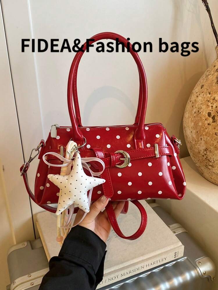 Women's Shoulder Underarm Baguette Bag, Solid Color PU With Polka Dot Design, Metal Strap Decoration, Stylish Versatile, Comes With Personalized Star Charm, Suitable For Outings, Shopping, Dating, Gifts, Elegant Bag - Red - View 8