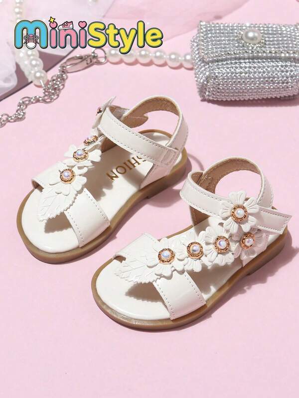 1 Pair Floral Children's Sandals, Fashion Minimalist Elegant, Woven Hollow Design, Cartoon Flower Decor, Thin Sole Pearlescent