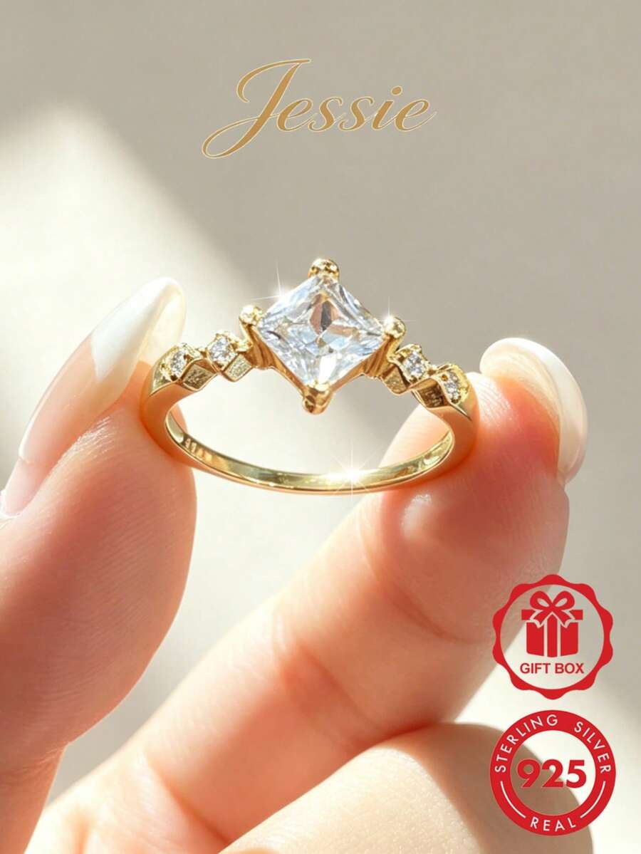 1枚优雅时尚奢华闪亮高端925银立方氧化锆方形主石几何设计戒指,适合约会、派对、日常佩戴,展现个人魅力,女士礼物 - 方形 - 查看 1