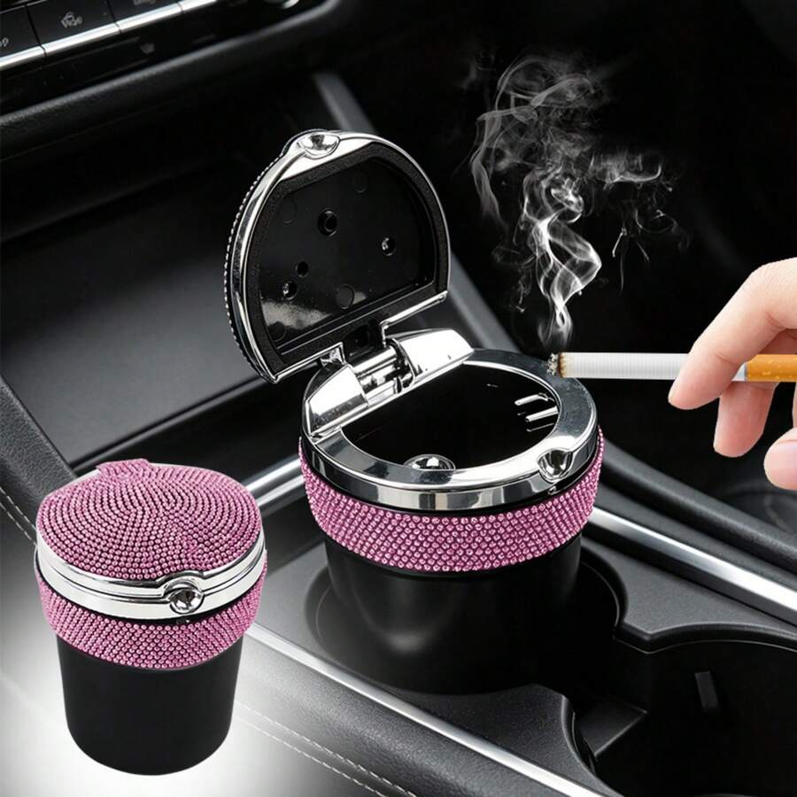 Crystal Inlaid Car Ashtray - Windproof With Lid, Fashion Design, Suitable For Cars, Trucks And Car Interior Modification Accessories