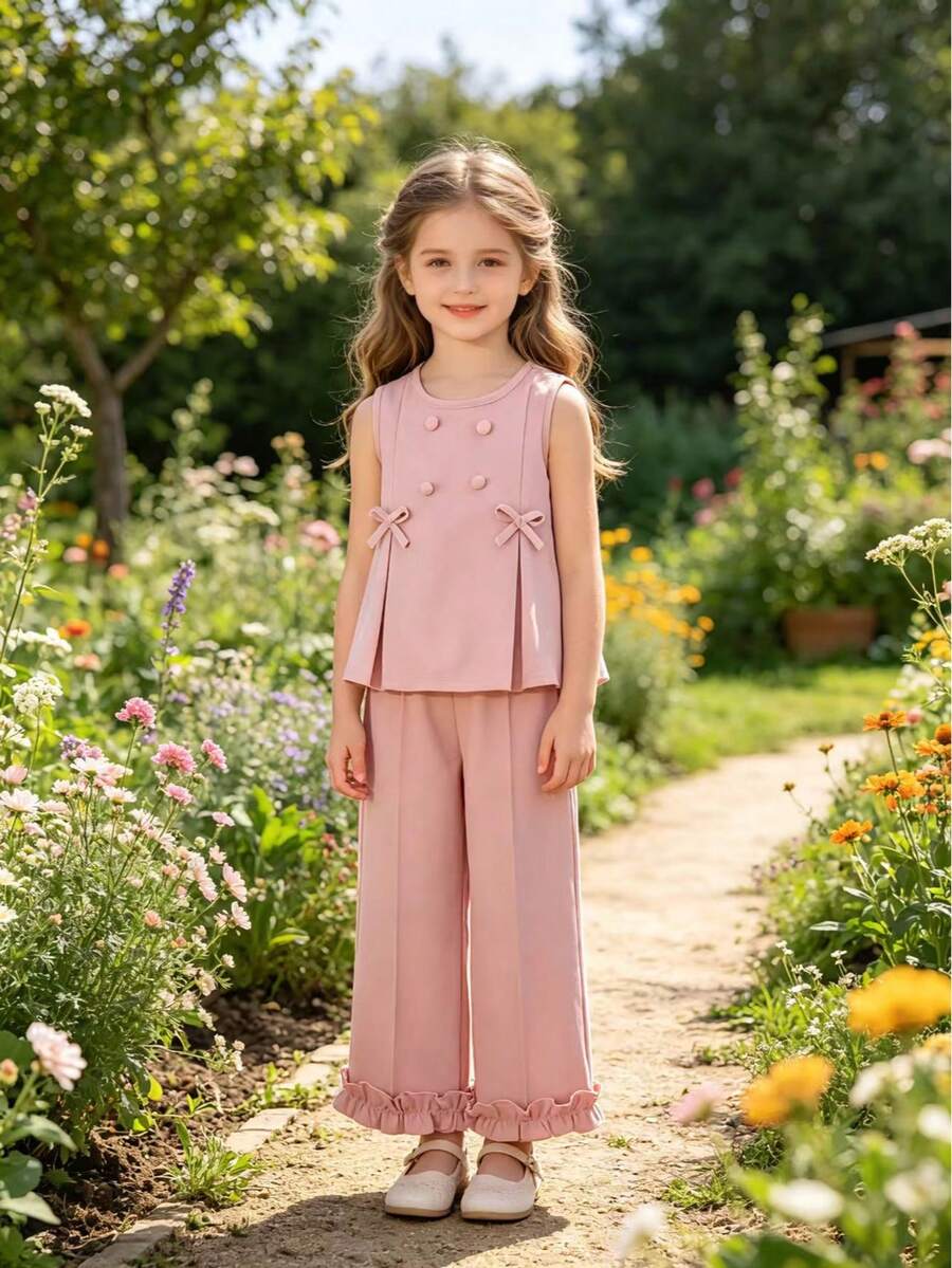 2pcs Young Girl Elegant Camisole Top And Long Pants Set, Spring/Summer Business Commute - Watermelon Pink - View 1