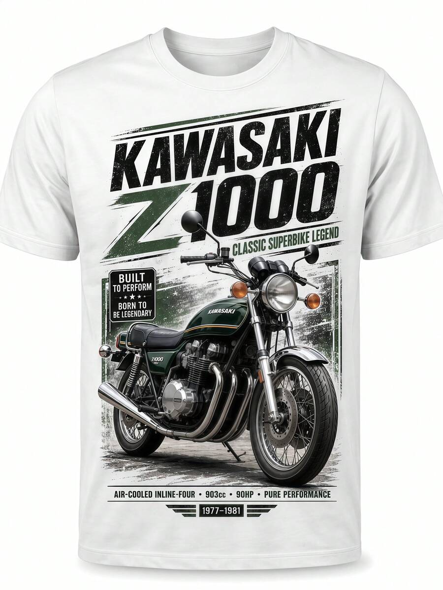 Kawasaki Z900 Street Bike Grafik-T-Shirt, Unisex-Biker-Top mit Rundhalsausschnitt und kurzen Ärmeln aus Baumwolle - Weiß 1 - Übersicht 1