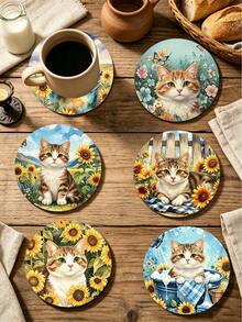 1/6pcs Cute Farm Cat Print Wooden Coasters, Rustic Sunflower Kitten Drink Coaster Set, Coffee Table Heat-Insulating Coasters, Home Decor, Kitchen Bar, Party Tabletop Protection, Non-Slip Beverage Coasters, Cat Lover Housewarming Gift - Multicolor - View 8