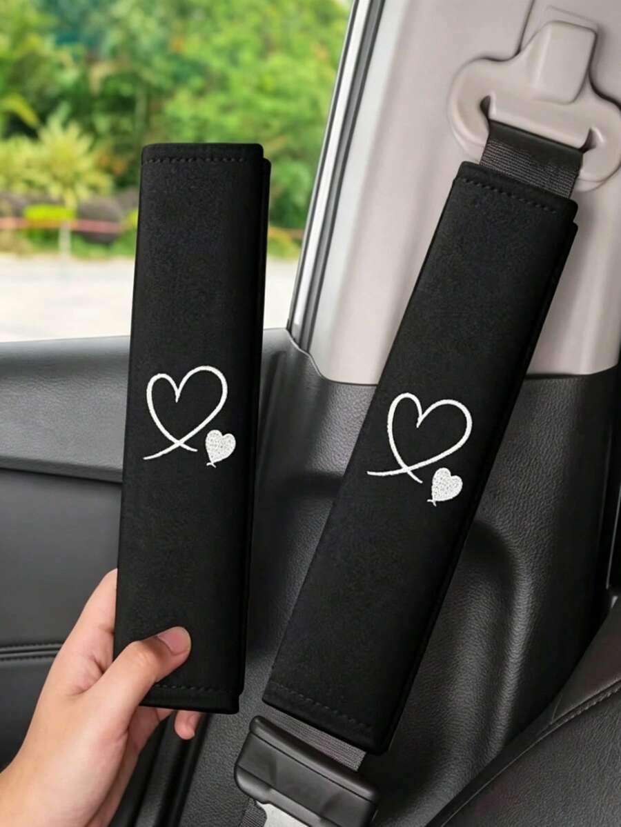 2件組汽車愛心刺繡肩帶套 柔軟舒適安全帶肩部保護套 汽車內飾配件 - 多色 - 查看 1