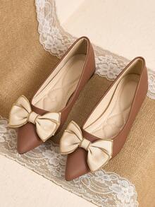 Pointed Toe Low Vamp Bow Flat Shoes, Delicate Satin Texture Soft And High-End, Versatile Shoes. - Dark Brown - View 14