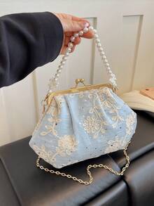 Women's PU Leather Crossbody Bag With Round Polka Dots, Vintage Style Handbag With Buckle Closure And Adjustable Shoulder Strap, Solid Color And Lightweight City Tote Bag - 藍色 - 查看 7