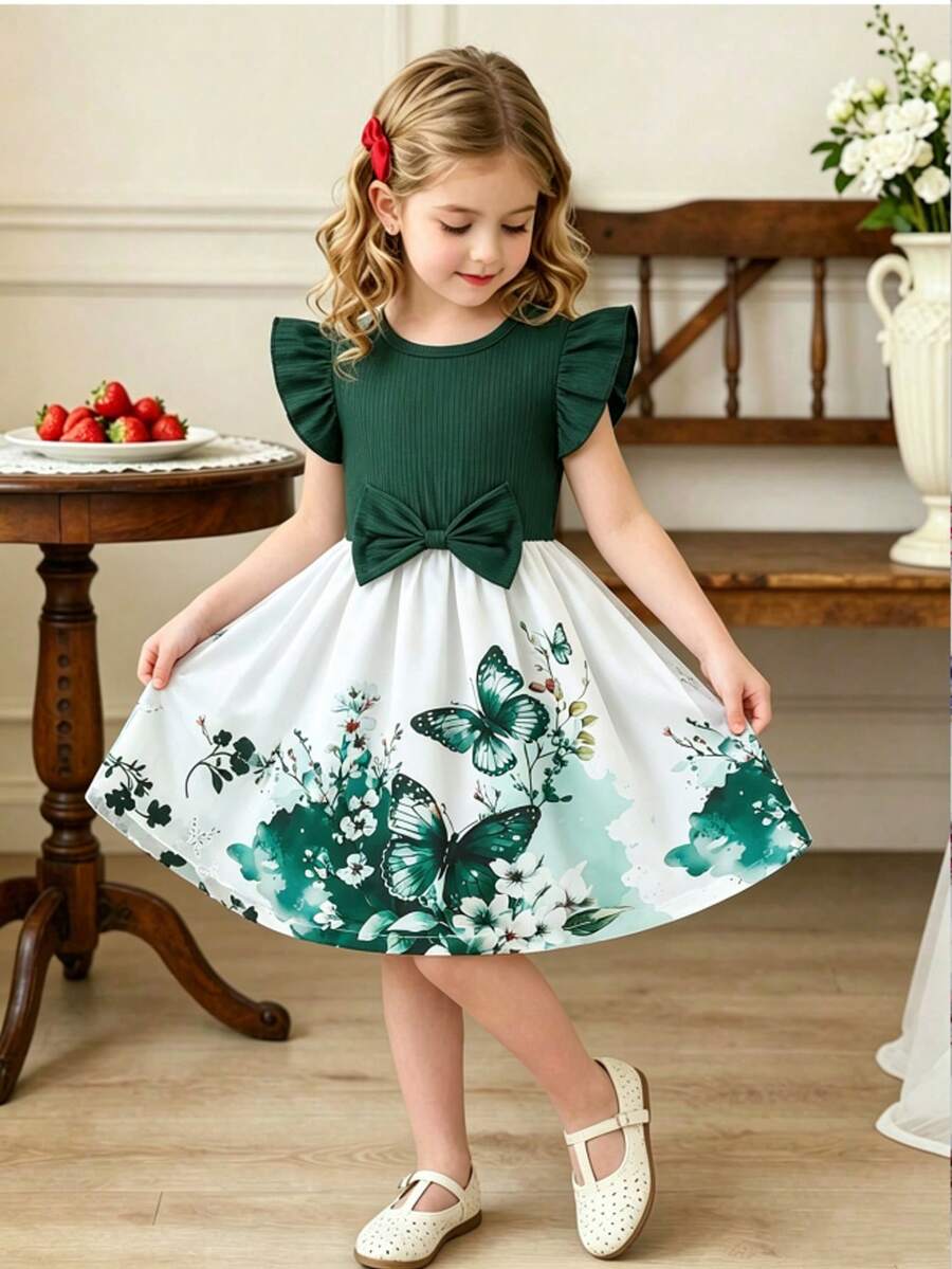Vestido casual de vacaciones con estampado floral, mangas con volantes y lazo para niñas - Verde Oscuro - Ver 1