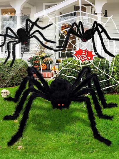 3pcs Giant Hairy Spider Halloween Decoration, Realistic Large Black Furry Spider Prop With Bendable Long Legs, Scary Creepy Fake Spider Decor For Yard Lawn Garden, Indoor Outdoor Halloween Party Haunted House Horror Decor Supplies
