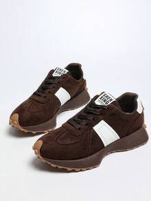 Women's Leopard Print Suede Colorblock Platform Sneakers, Retro Height Increasing Non Slip Walking Trainers - Brown - View 4