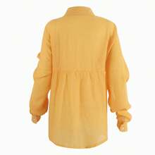 Women's Cotton Linen Blouse With Long Sleeves, Plus Size - Yellow 1 - View 7