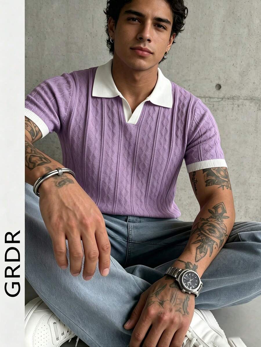GRDR Men's Lightweight Seagull Collar Solid Color Short Sleeve Knit Sweater, Suitable For Summer Outings, Essential For Fashionable Styling