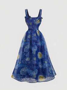 MOD Vestido de mujer estampado con la pintura del Cielo Estrellado de Van Gogh en azul, vestido de tirantes retro para ocasiones como Navidad, vacaciones u otras fiestas, con lazo - Azul - Ver 1