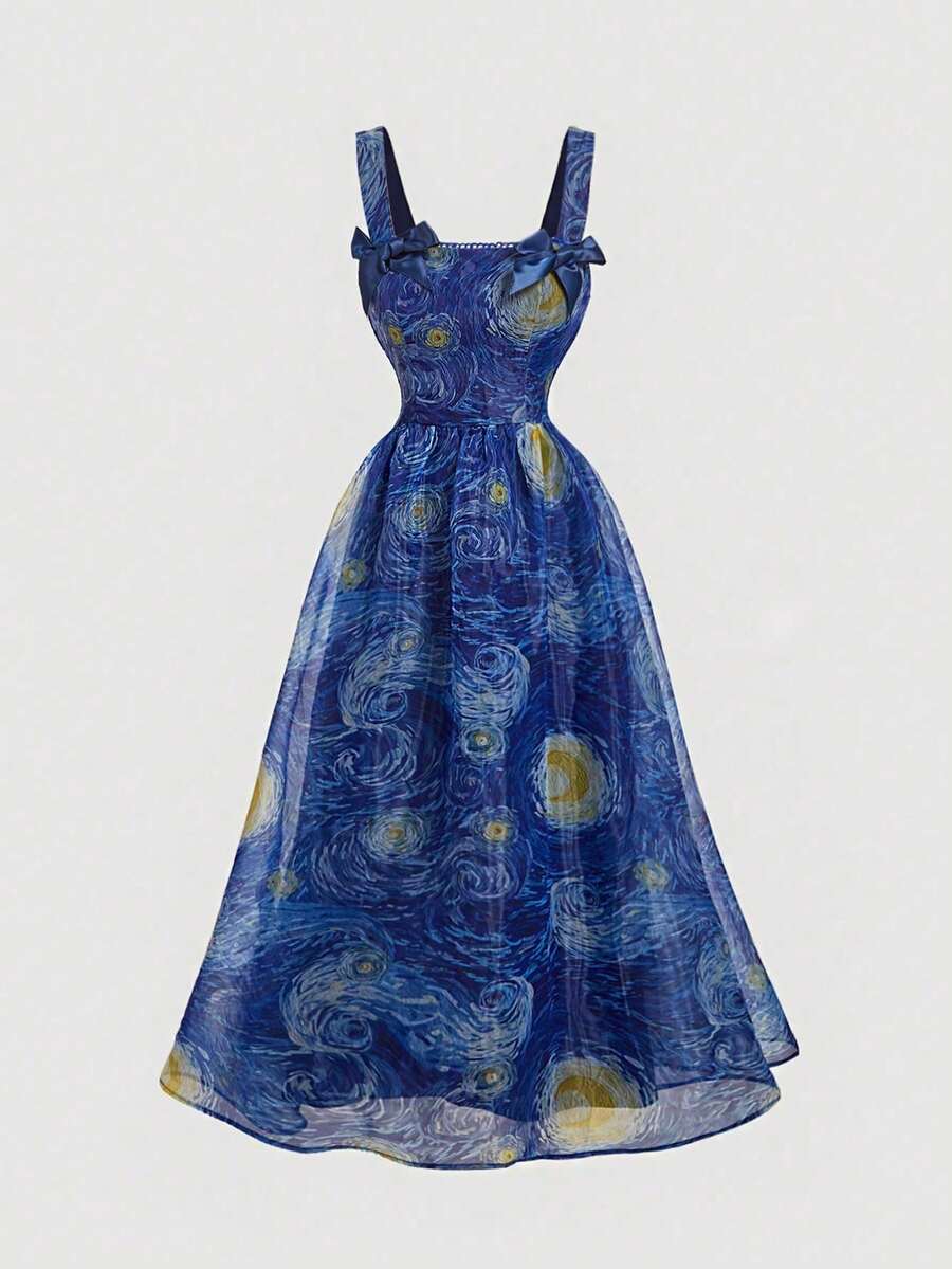MOD Vestido de mujer estampado con la pintura del Cielo Estrellado de Van Gogh en azul, vestido de tirantes retro para ocasiones como Navidad, vacaciones u otras fiestas, con lazo - Azul - Ver 1
