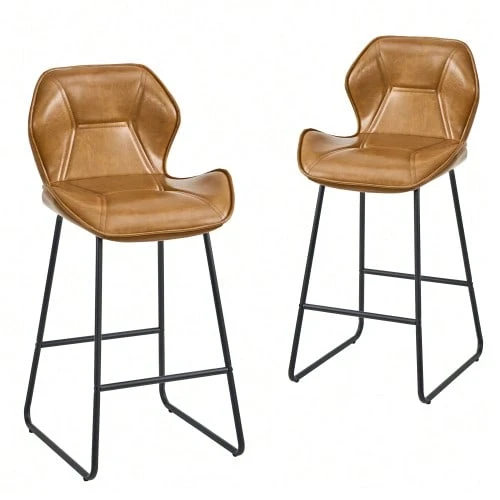 Set Of 2 Faux Leather Bar Stools, Modern Bar Chairs With Backrest, Metal Frame And Footrest, For Kitchen, Counter, Bar And Dining Room, Cognac Brown - 棕色 - 查看 1