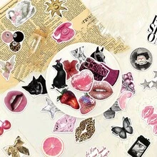 50pcs/Pack Y2K Style Personalized Pink & Black Retro Stickers, European & American Vintage Leopard Print Lips Disco Ball Cherry Element Decals, Millennium Personalized Decorative Stickers, Suitable For Decorating Water Bottles, Laptops, Luggage, Phone Cases, Scrapbooking Materials - Y2K Spice - View 4