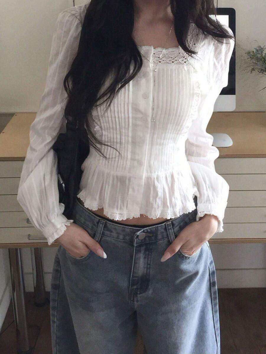 女款方領百褶休閒百搭日常襯衫 白色 - 白色 - 查看 1
