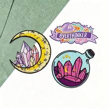 3 Pcs/Set Mystical Crystal & Moon Iron On Patches, Cartoon Embroidered Appliques For Jeans Jackets Backpacks DIY Decoration - Multicolor - View 2