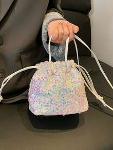 Women's Drawstring Mini Crossbody Bucket Bag, Quilted Pattern Daily Outdoor Bag - White - View 6