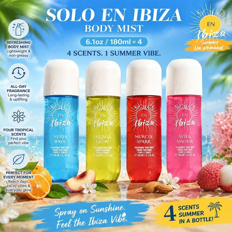 Wish SOLO EN IBIZA 4 Pcs X 6.1oz Body Mist– Murcia Spark (Citrus Floral Salty) – Ávila Amour (Fruity Sweet) –Nerja Wave (Nutty Amber)–Málaga Glow (Tropical Creamy)–Refreshing Long Lasting–Gift For Her–Ideal For Girlfriend, Mom, Bestie–Valentine's Birthday - 4-Piece Set-C - 查看 1