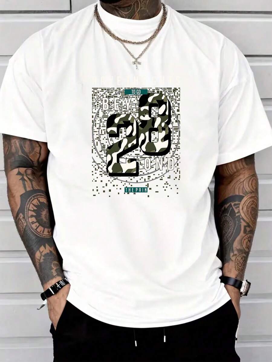T-shirt oversize à manches courtes en pur coton pour hommes, imprimé graphique numéro 20, style décontracté streetwear, top d'été - Blanc - Voir 1