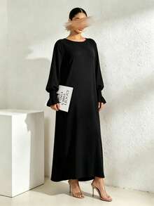 Arabian Style Women's Long Robe Dress, Solid Color Long Sleeve Plus Size Robe, Elastic Cuffs, Conservative Casual Loose Kaftan, Islamic Muslim Dubai Abaya - Multicolor - View 16