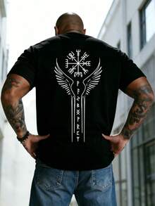 AnChiStreetwear - Plus Size Men's Fashion Minimalist Amulet Wing Graphic Print Casual Short Sleeve T-Shirt, Suitable For Streetwear, Outdoor, And Daily Commute - Black - View 1