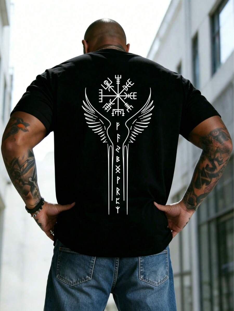 AnChiStreetwear - Plus Size Men's Fashion Minimalist Amulet Wing Graphic Print Casual Short Sleeve T-Shirt, Suitable For Streetwear, Outdoor, And Daily Commute - Black - View 1